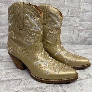DINGO PRIMROSE LEATHER BOOTIE Floral Cowgirl Boot Women’s Size 8‎ Gold NWOT